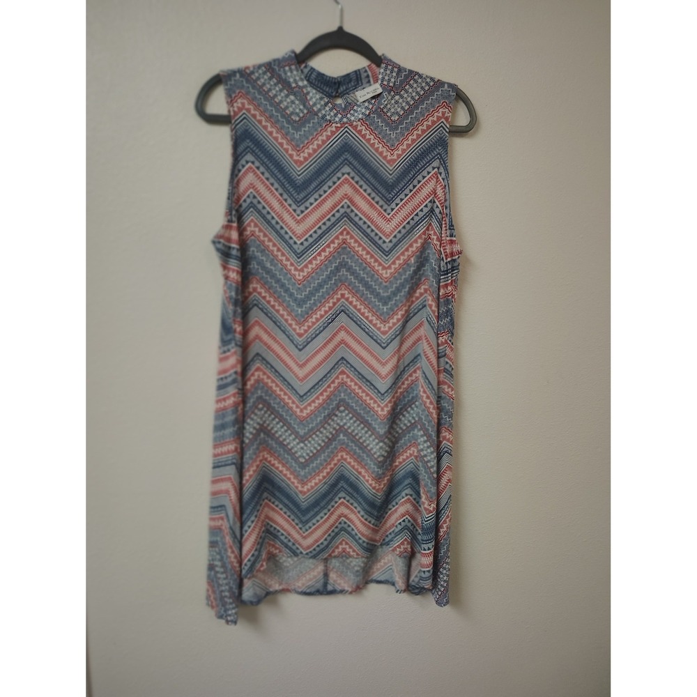 Kim Rogers Petite PXL Red White Blue Chevron Mock Neck Sleeveless Blouse Top